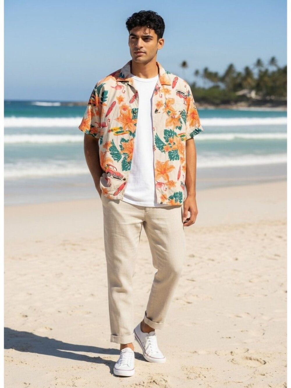KS Island Mens Hawaiian Button-Up Shirt Flamingo Surfboard Print 2XL Tall Rayon